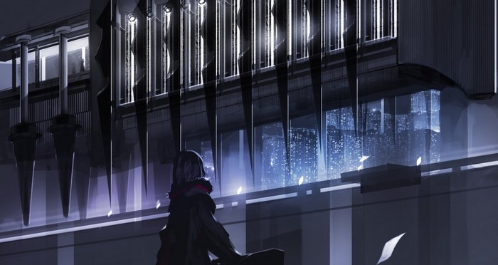 Person looking at a futuristic cityscape at night