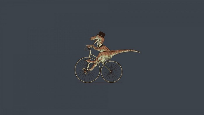 Dinosaur riding a bicycle with a top hat