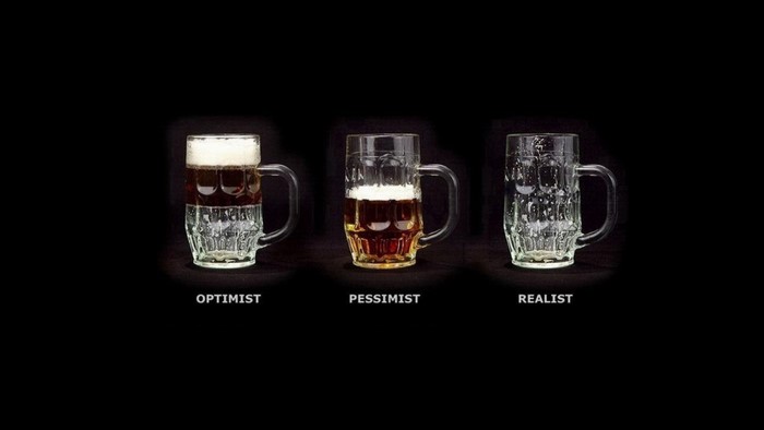 Three beer mugs labeled optimist, pessimist, and realist