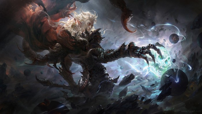 Fantasy art of a creature with a skull and cosmic background