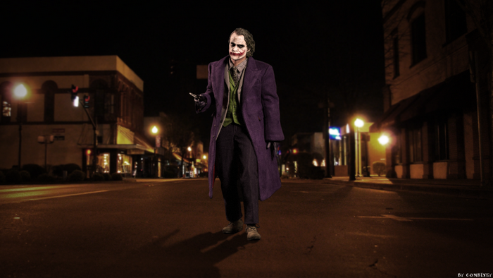 Joker from The Dark Knight standing on a street at night