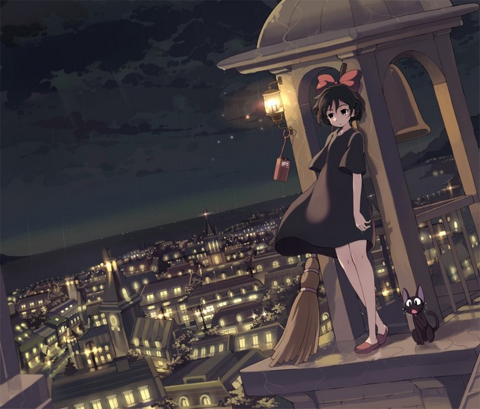 Kiki from Kiki's Delivery Service on a bell tower at night