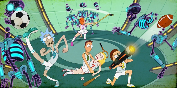 Rick and Morty characters playing sports against robots