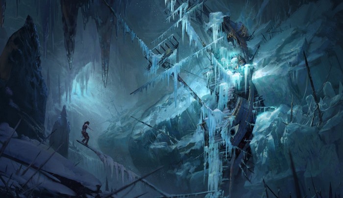 Lara Croft in an ice cave with a ghost ship