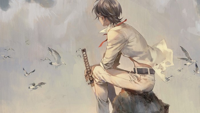 Anime character with katana sitting by the sea with seagulls