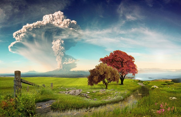 Calbuco Volcano Eruption over Serene Chilean Countryside