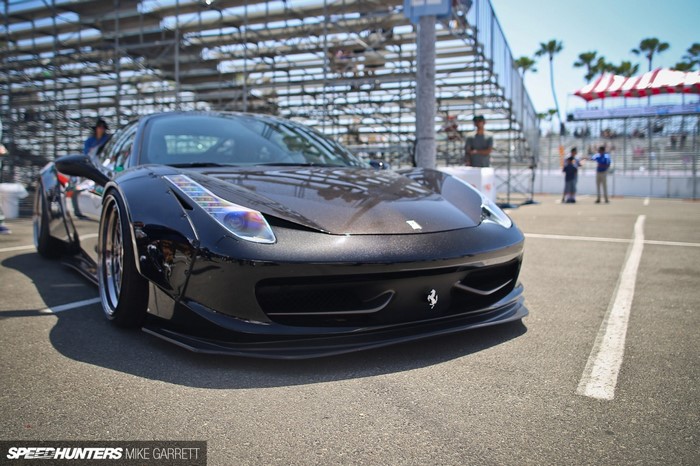 Black Ferrari 458 Italia with widebody kit at Speedhunters event