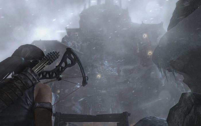 Lara Croft from Tomb Raider aiming a crossbow at a castle