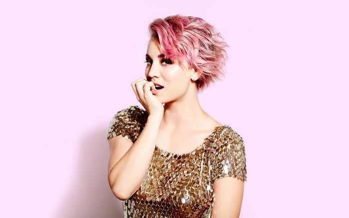 Kaley Cuoco with pink hair in a sequined top