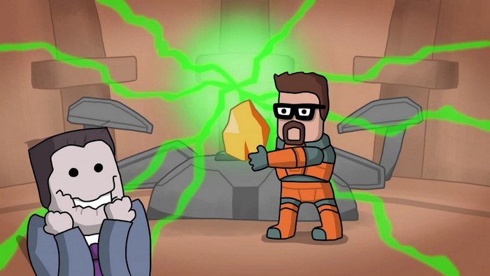 Gordon Freeman and G-Man from Half-Life with a crystal