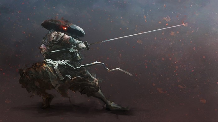 Samurai warrior with sword in dark, fiery background
