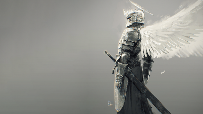 Monochrome drawing of an armored angel with a sword