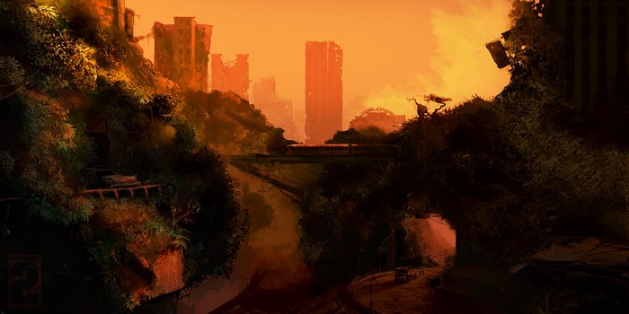 Wasteland 2 screenshot of a post-apocalyptic city at sunset