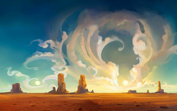 Desert landscape with rock formations and swirling clouds