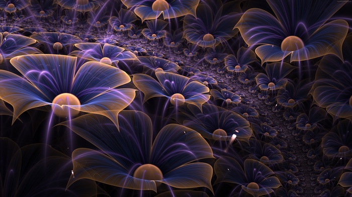 Abstract fractal flowers with purple and orange petals