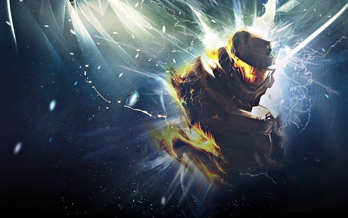 Master Chief from Halo in a cosmic explosion