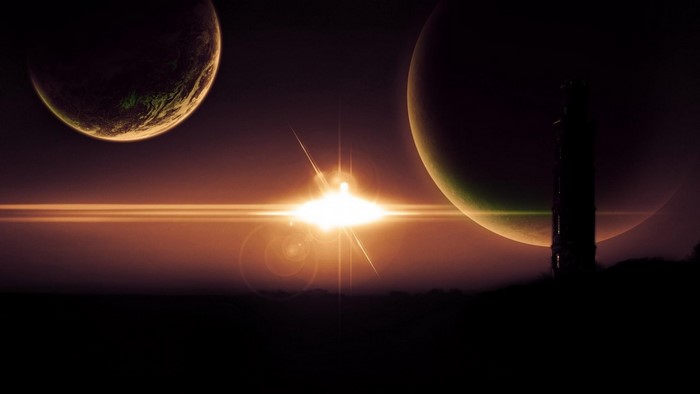 Space art with planets, sun, and tower