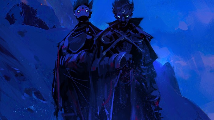 Two figures in dark cloaks with glowing eyes