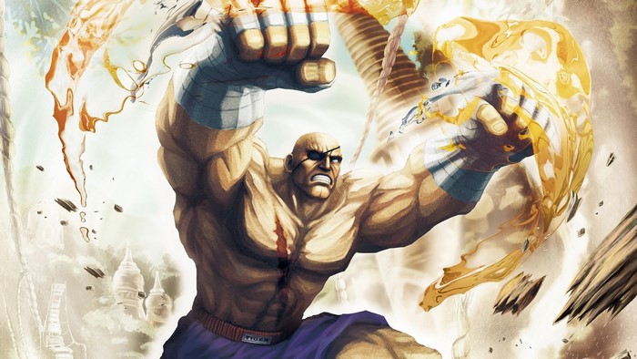 Sagat from Street Fighter unleashing an energy attack