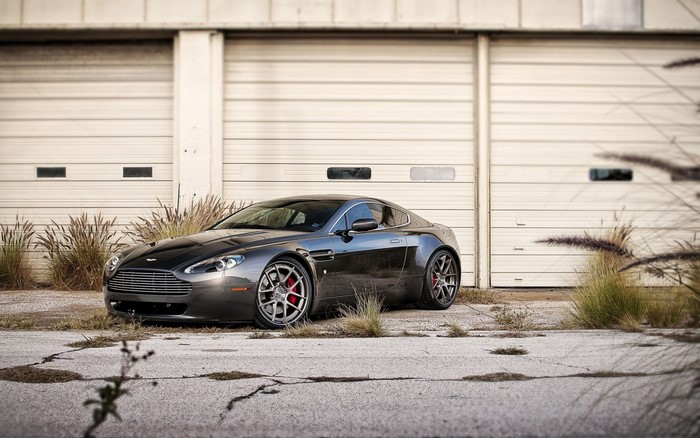 Aston Martin Vantage parked in front of garage doors