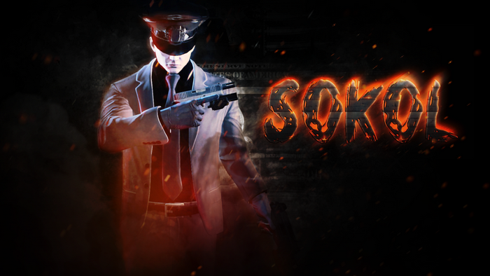 Man in suit holding a gun with "SOKOL" text