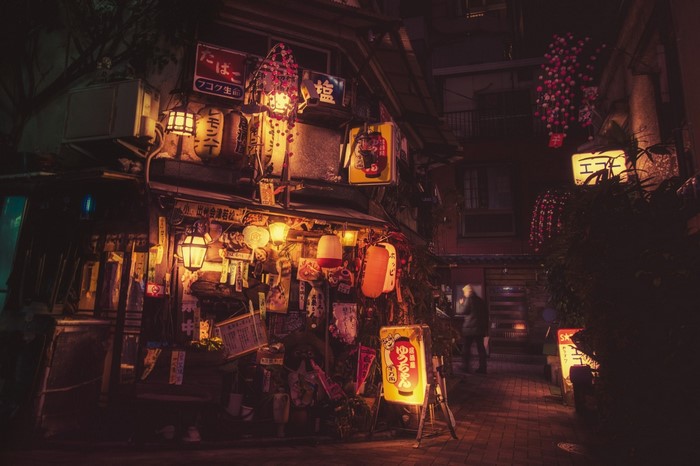 Japanese street at night with lanterns and signs