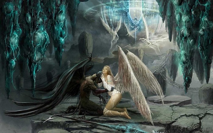Angel and demon in a dark fantasy cave