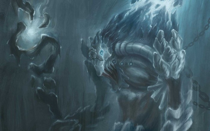 Fantasy art of a chained ice creature