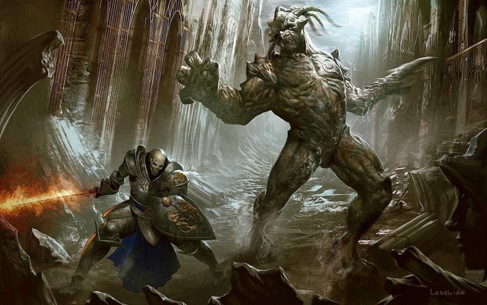 Knight fighting a demon in a ruined temple