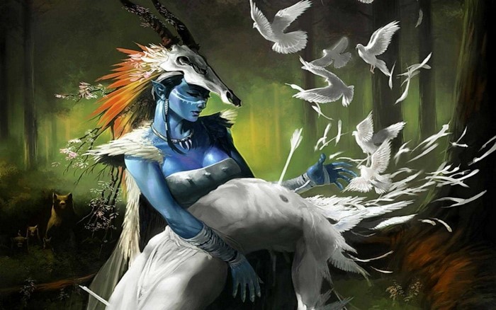 Blue-skinned woman with animal skull headdress and white birds