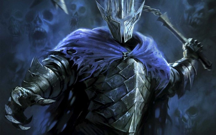 Dark fantasy knight with skulls in the background