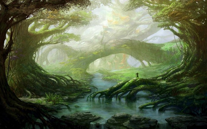 Fantasy art of a person in a mystical forest with a stream