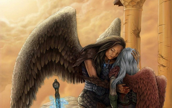Fantasy art of two angels embracing