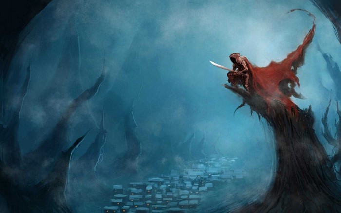 Fantasy art of a hooded figure with a red cloak