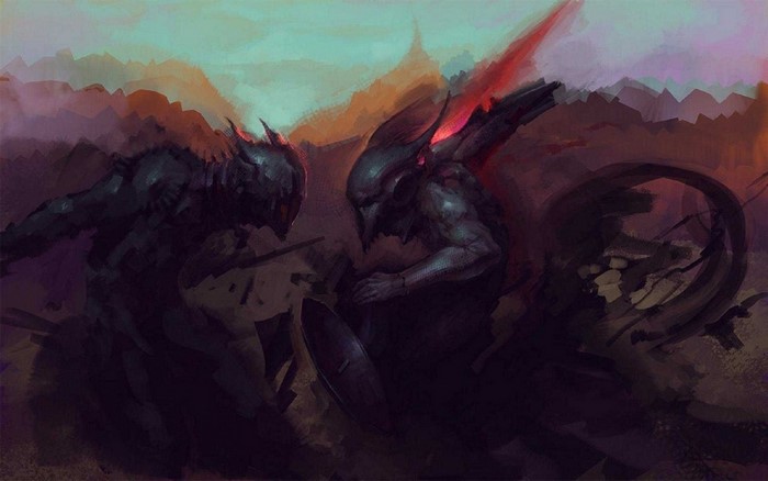 Two armored figures in a battle