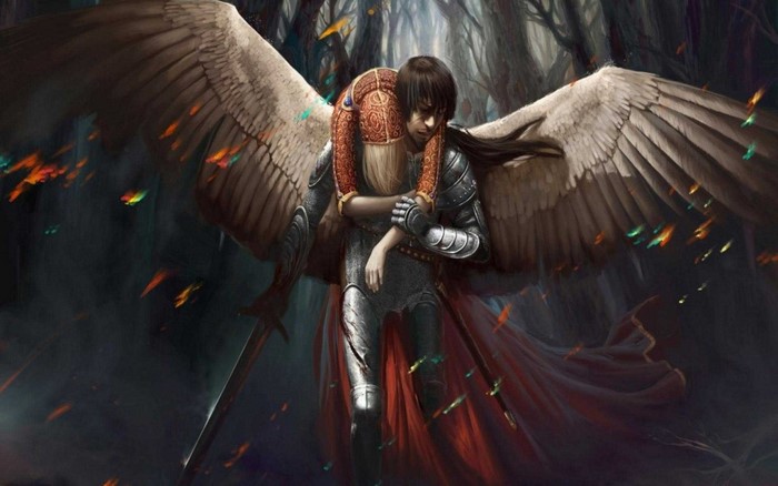 Angel carrying a person through a dark forest