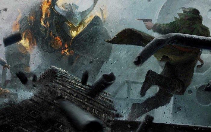 Fantasy creature fighting a soldier with a gun