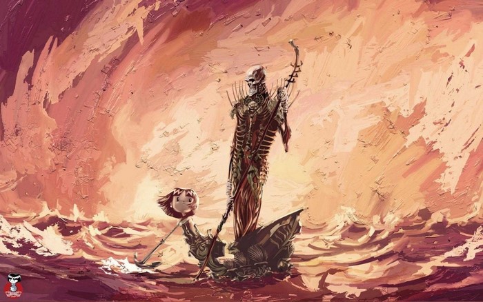 Skeleton ferryman with a girl's head on a pole
