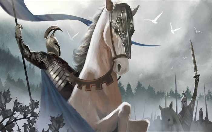 Fantasy warrior on horseback with army and birds