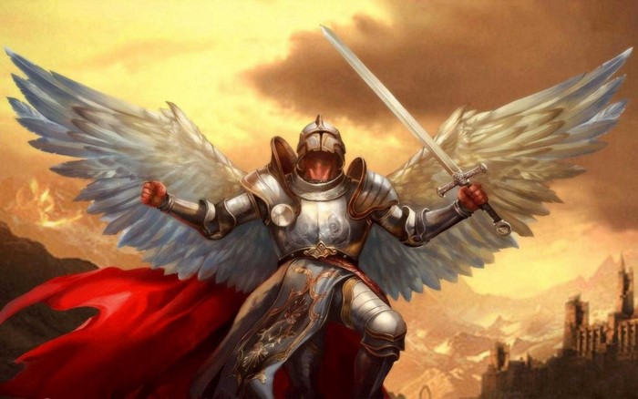 Fantasy angel warrior with sword and red cape