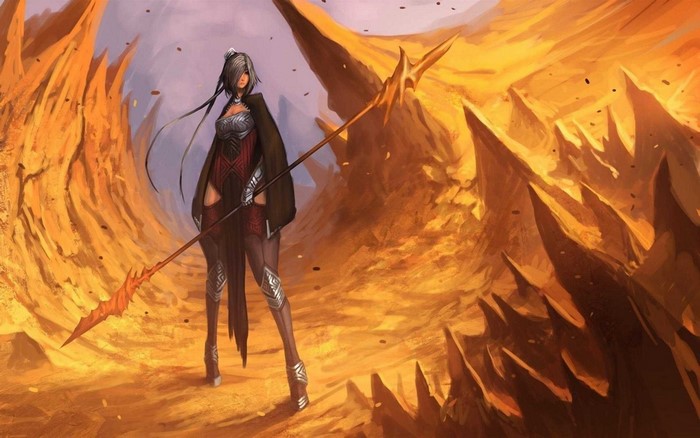Fantasy art of a woman with a spear in a rocky landscape