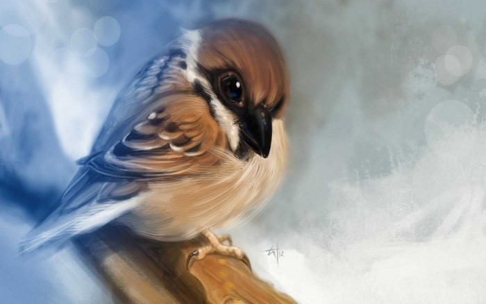 Close-up digital painting of a sparrow on a branch