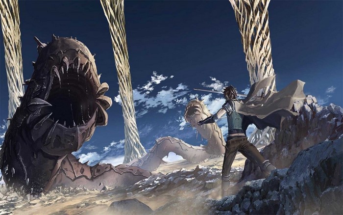 Man fighting a giant worm creature in a desert