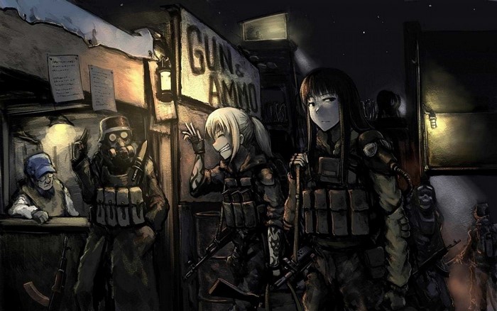 Anime characters in tactical gear at a gun shop