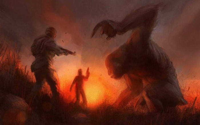 Soldiers fighting a large creature at sunset