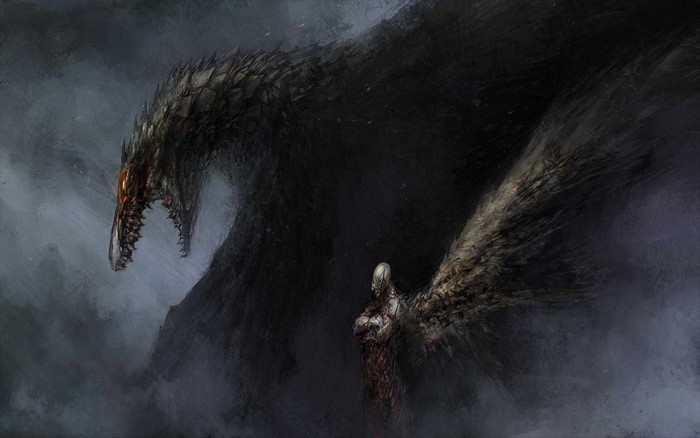 Dark fantasy art of a dragon and a winged figure