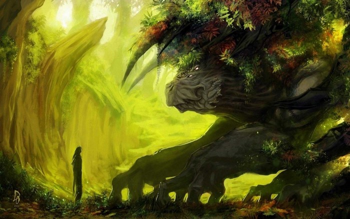 Giant forest creature and person in a sunlit jungle