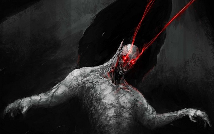Creature with red eyes in darkness