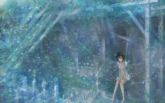 Girl sitting in a hammock surrounded by butterflies and vines