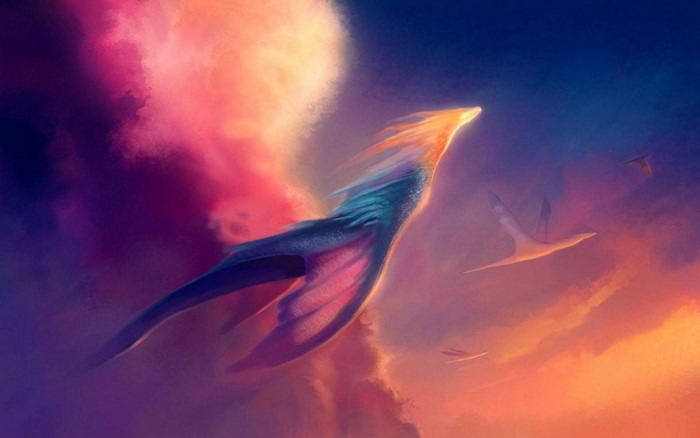 Fantasy creature flying through colorful clouds